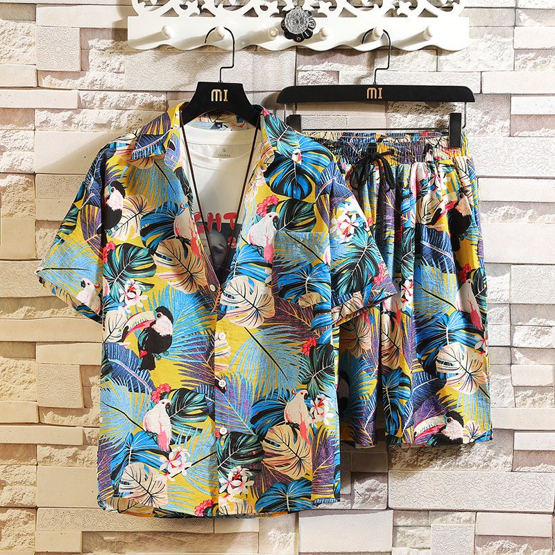 Men's Clothing Summer Youth Color Printed Shirt Suit Men's Multicolor Loose Shorts Suit_viptrois.com