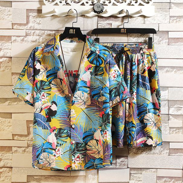 Men's Clothing Summer Youth Color Printed Shirt Suit Men's Multicolor Loose Shorts Suit_viptrois.com