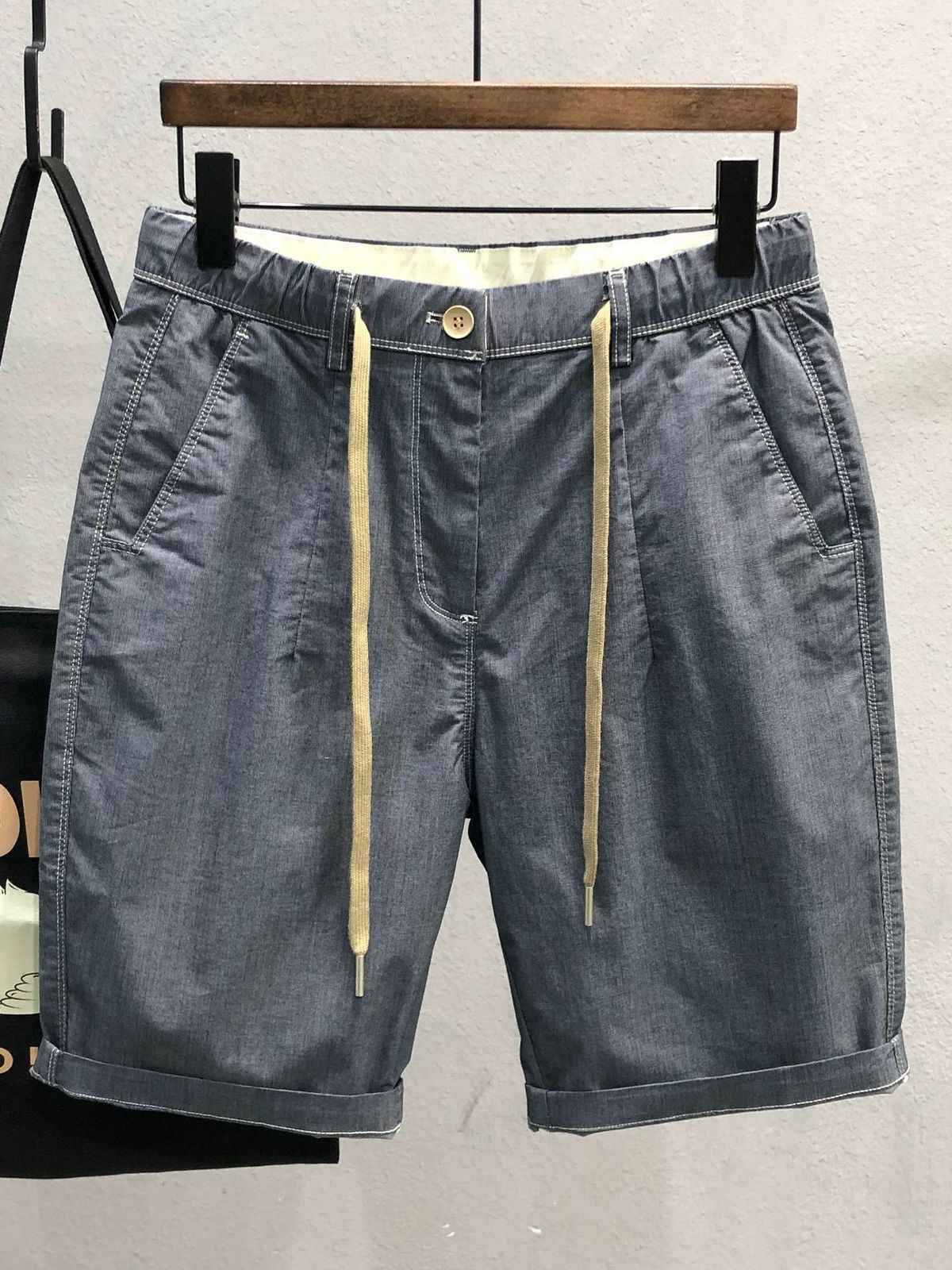 Men's Clothing Loose Casual Khaki Outer Wear Elastic Waist Stretch Denim Shorts_viptrois.com