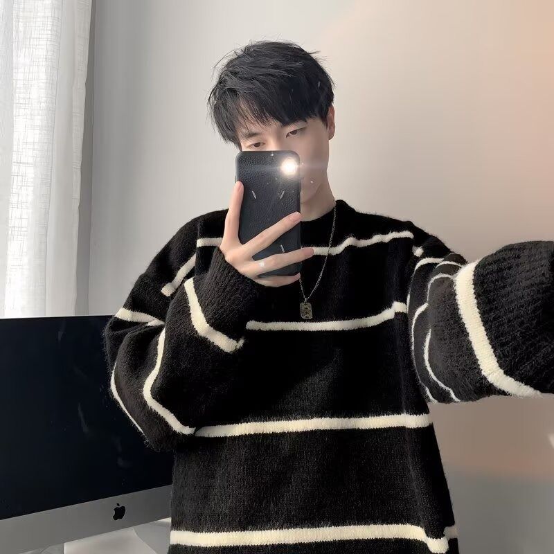 Striped Round Neck Sweater, Simple Knit Sweater For Men, Versatile And Trendy Design, Long Sleeved_viptrois.com