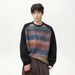 Retro 、Color-Block Crewneck Sweatshirt Oversized Drop-Shoulder Unisex Pullover With Gradient Stripes & Stretch Cuffs (M-XXL, Black)_viptrois.com