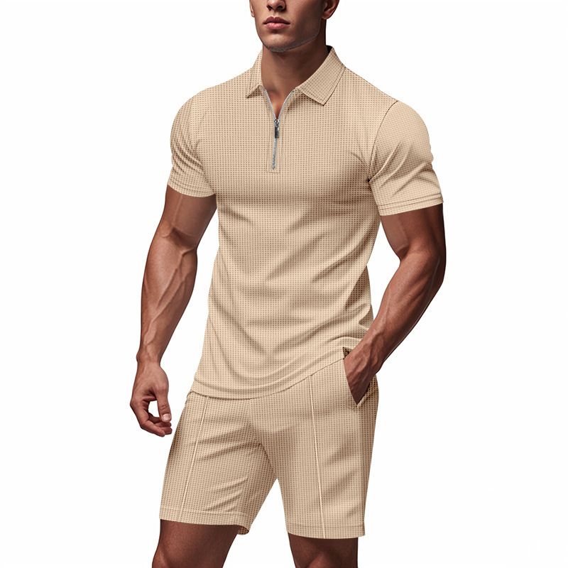Summer Casual Men's Polo Shirt Loose Fit Zipper Short Sleeve Waffle Design American Style Suit_viptrois.com