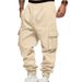 Men's Fleece Overalls American Style Autumn Winter Multi Pocket Drawstring Sports Casual Trousers Solid Color_viptrois.com