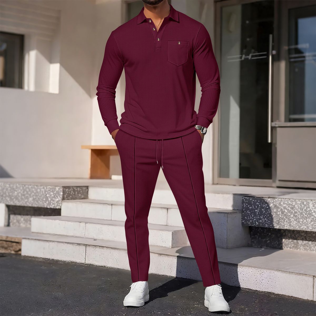 25 Autumn New Waffle Solid Color Lapel Pocket Long Sleeved Trousers Casual Two Piece Suit_viptrois.com