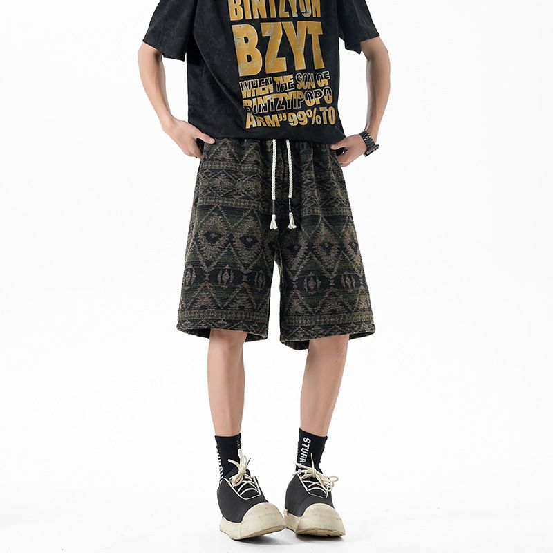 Men's Ethnic Style Casual Shorts Diamond Pattern Drawstring Elastic Loose Versatile Couple Summer Retro Bottoms_viptrois.com