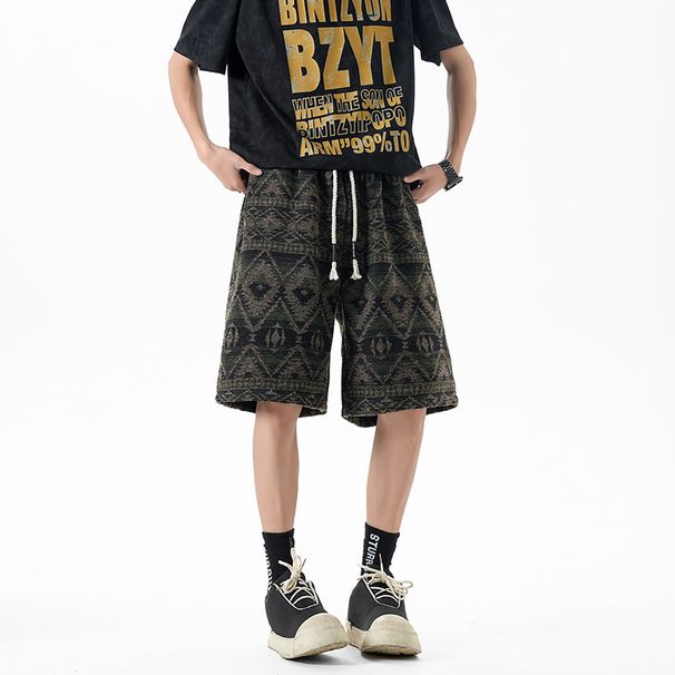 Men's Ethnic Style Casual Shorts Diamond Pattern Drawstring Elastic Loose Versatile Couple Summer Retro Bottoms_viptrois.com