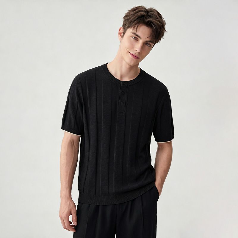 Men's Slim Fit Knitted T-Shirt Henley Collar Short Sleeve Summer Business Commuter Versatile New Style Mature_viptrois.com