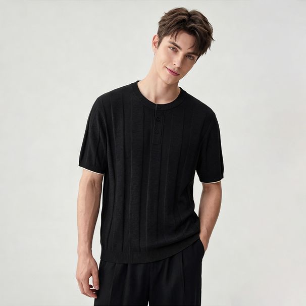 Men's Slim Fit Knitted T-Shirt Henley Collar Short Sleeve Summer Business Commuter Versatile New Style Mature_viptrois.com