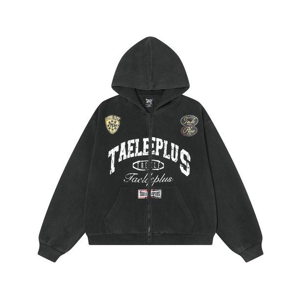 Letter Mottled Print Hooded Cardigan Sweatshirt Men's Spring And Autumn High Street Trendy Casual Washed Loose Jacket_viptrois.com
