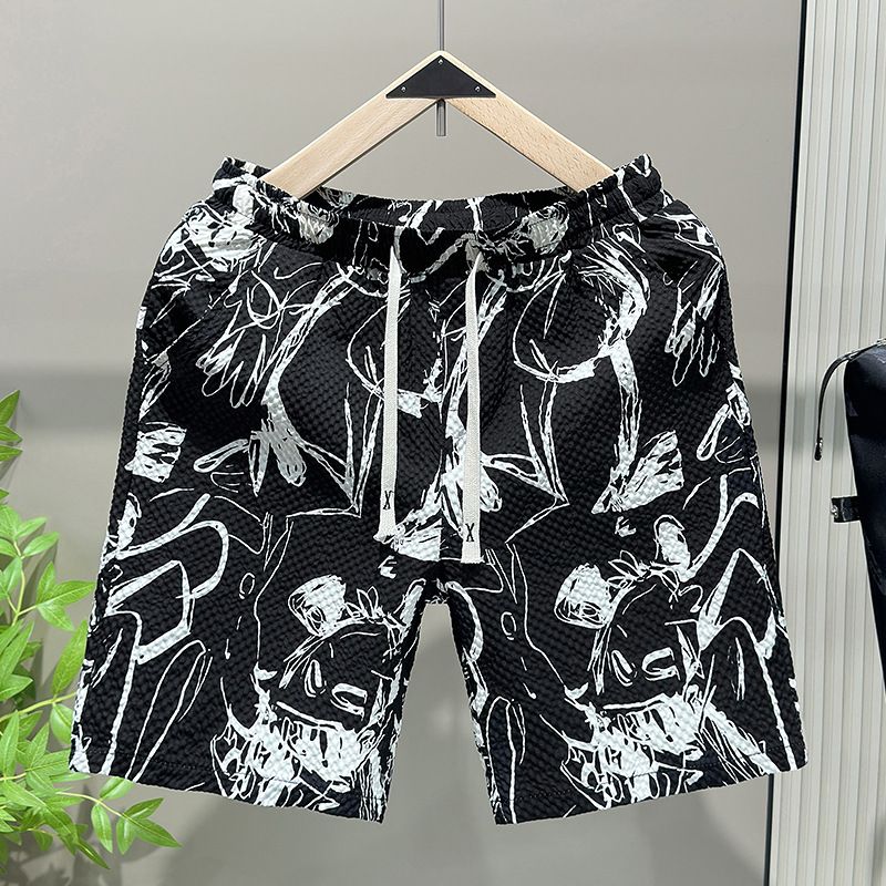 Men's Clothing New Shorts Men's Trendy Loose Graffiti Contrast Color Fashionable Men's Seersucker Breathable Casual Straight Pants_viptrois.com