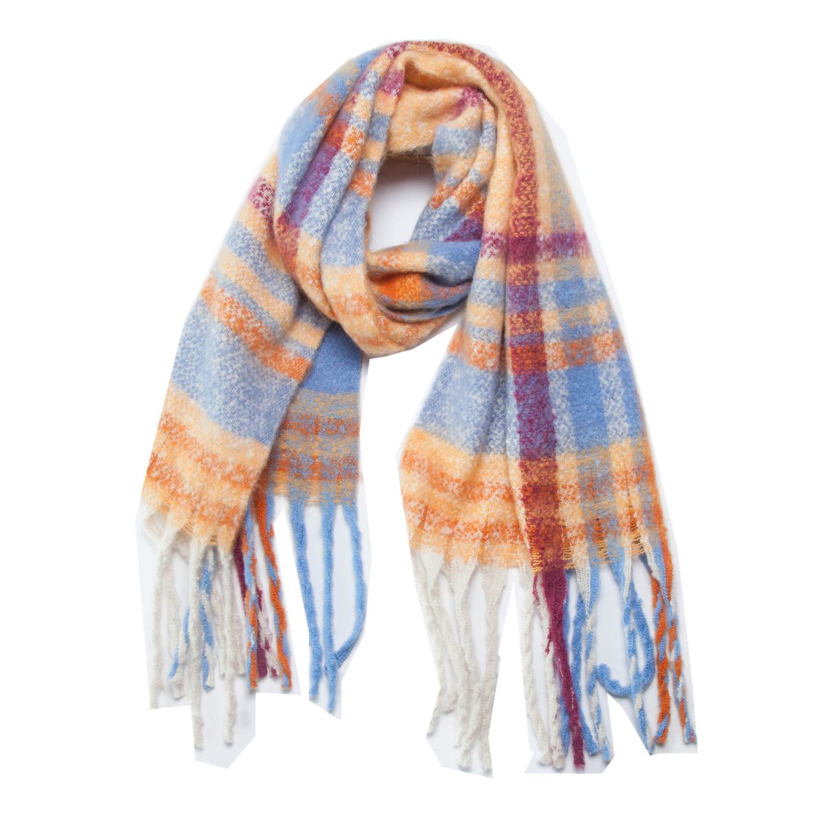 Unisex Shawl Autumn-winter woven dog tail looped yarn plaid fringe scarf_viptrois.com
