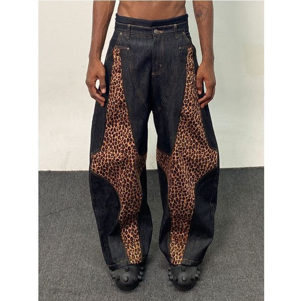 Men's Clothing American Retro Design Stitching Leopard Print Baggy Silhouette Loose Straight Wide Leg Scimitar Washed Jeans_viptrois.com