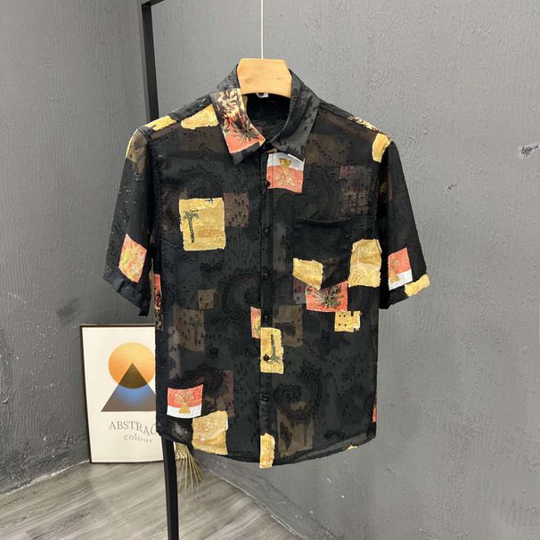 Summer Men's Thin Short Sleeve Shirt Versatile Casual Floral Print Top For Youth Personalized Style_viptrois.com