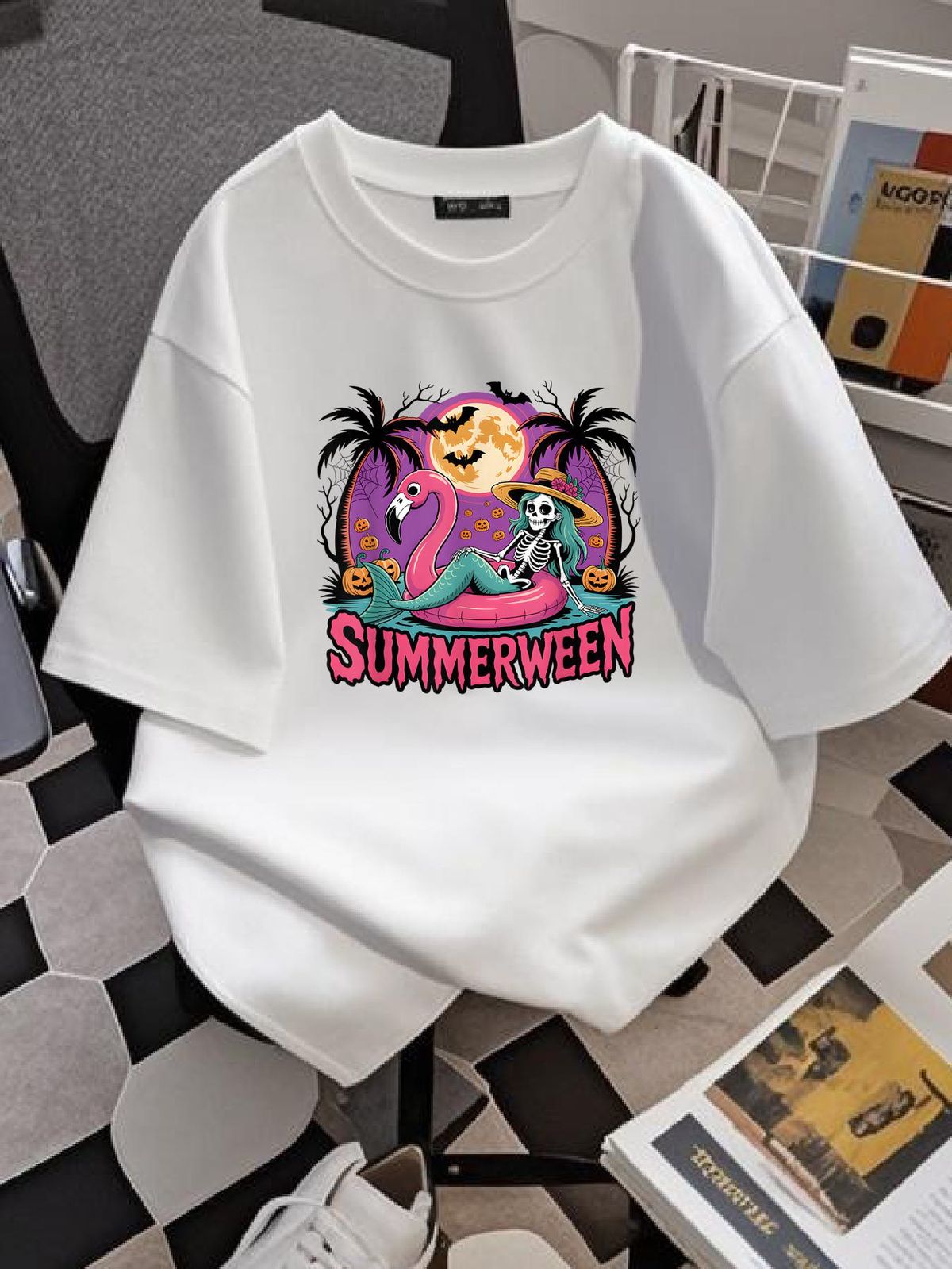 Summerween Skeleton Flamingo Halloween Summer Girl Women T-Shirt Top For Everyday Wear T-Shirt For Women Casual Stretched Female Women Top Graphic Tees Stylish Print Round Neck Short Sleeve Women Designer Clothes Streetwear Graphic Unisex Versatile_viptrois.com