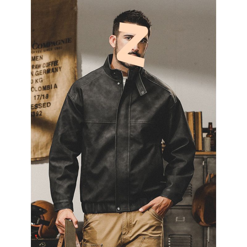Retro Leather Jacket For Men, Nostalgic Stand Up Collar Versatile Men's PU Jacket_viptrois.com