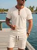 Summer Men's Shorts Set Waffle Knit Collar Color Block Pocket Button Short Sleeved Top And Bottoms Outfit_viptrois.com