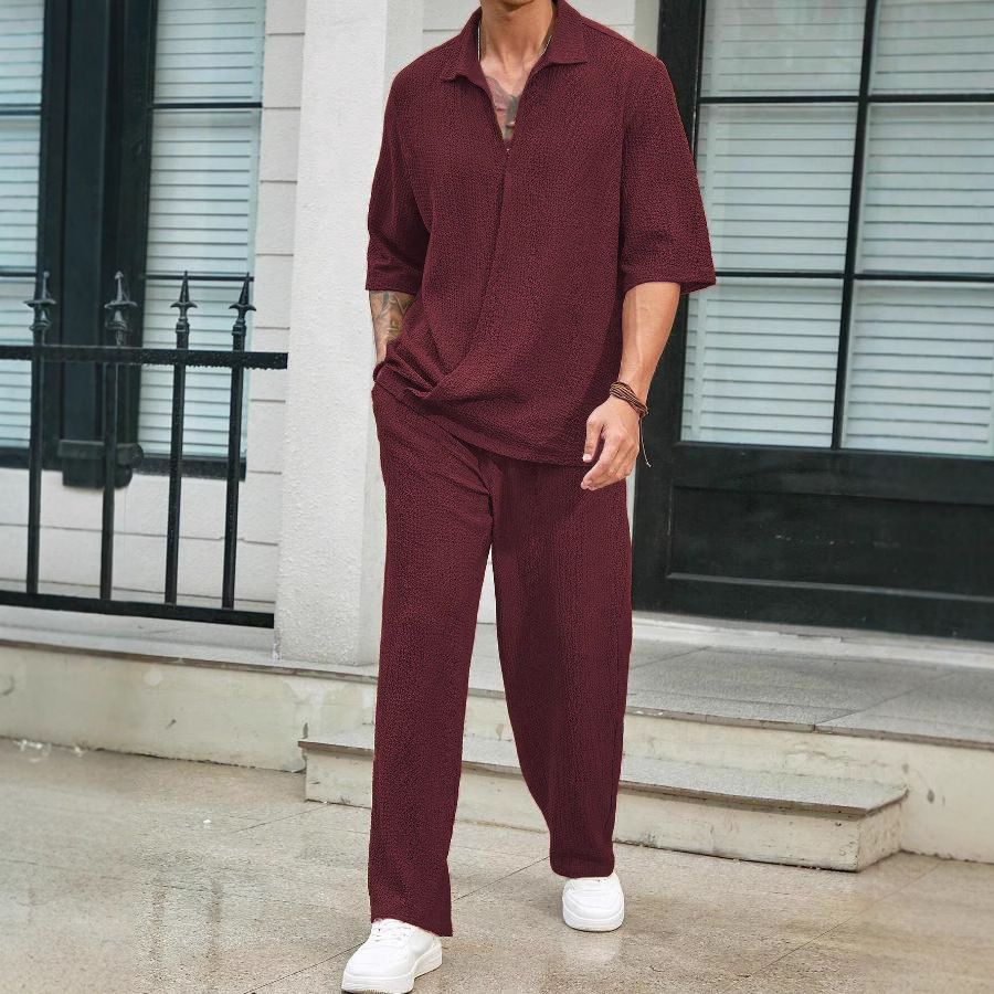 Men's Clothing New Commuter Suits Casual Shirt Solid Color Short Sleeved Trousers Men's Two Piece Casual Suit_viptrois.com