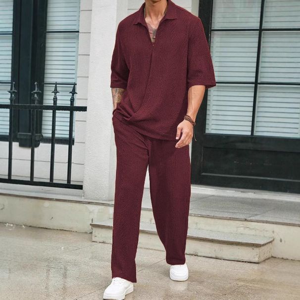 Men's Clothing New Commuter Suits Casual Shirt Solid Color Short Sleeved Trousers Men's Two Piece Casual Suit_viptrois.com