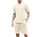 Men's Clothing Waffle Stand Collar Solid Color Zipper Short Sleeve Long Pants Suit_viptrois.com