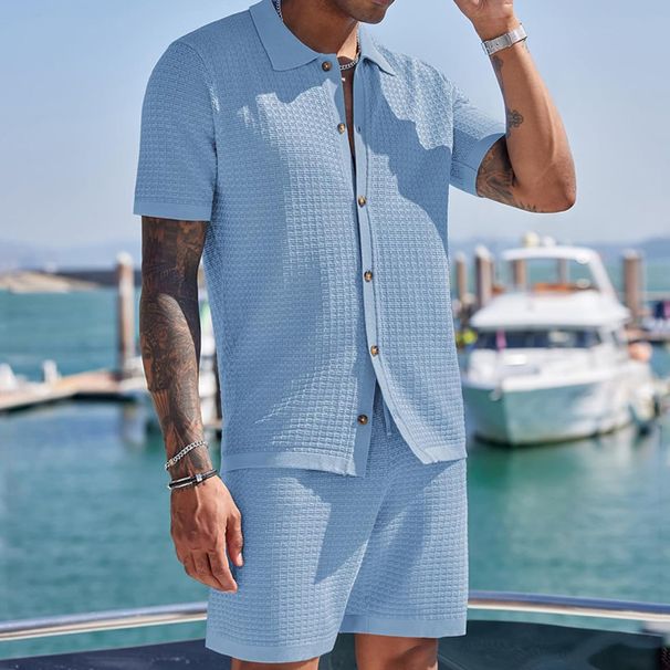 Men's Clothing Casual Comfortable Button Down Lapel Shirt Short Sleeved Shorts Suit_viptrois.com