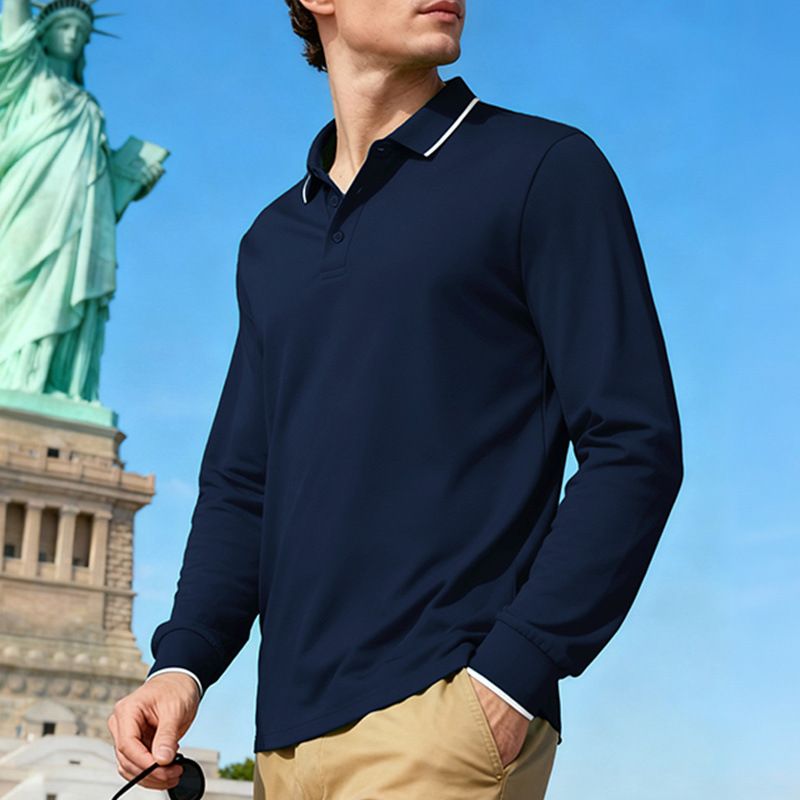 Men's Breathable Polo Shirt – Moisture-Wicking Long Sleeve Golf Shirt With Jacquard Collar (Relaxed Fit, Quick-Dry Polyester)_viptrois.com