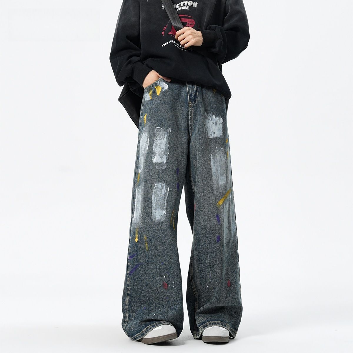 Urban Streetwear Paint-Splatter Jeans For Men, Relaxed Straight-Leg Trousers, Unisex Casual Pants For Autumn_viptrois.com
