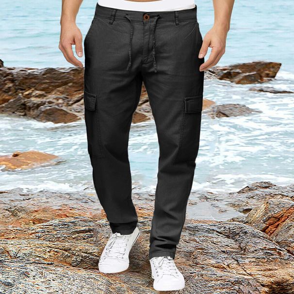 Man's clothing Men's cargo pants drawstring multi-pocket cotton hemp casual pants_viptrois.com