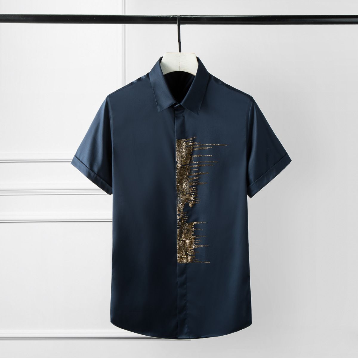 Men's Short Sleeve Shirt Crystal Rhinestone Face Design Wrinkle Free Cotton Casual Basic Style Summer Fashion White Black_viptrois.com