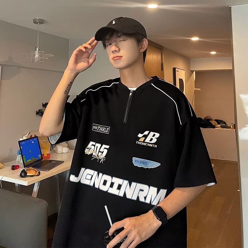 2023 New European American Brand Baseball Collar T-Shirt For Men, Half-Zip Short Sleeve Oversized Summer Trendy Brand,_viptrois.com