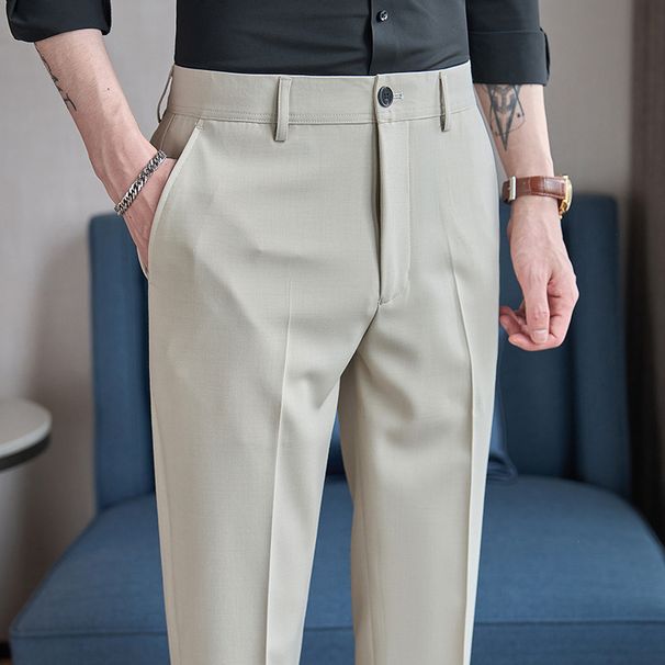 Summer Men's Casual Cropped Trousers Solid Color Slim Fit Versatile Light Business Casual Bottoms for Men_viptrois.com