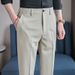 Summer Men's Casual Cropped Trousers Solid Color Slim Fit Versatile Light Business Casual Bottoms for Men_viptrois.com