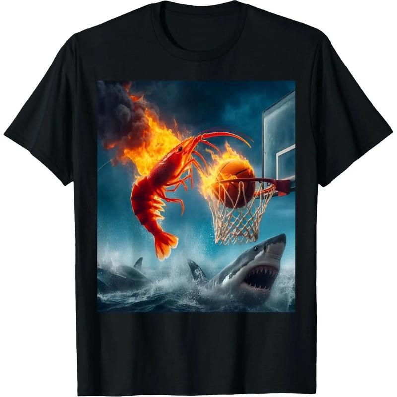 Camisetas Gráficas Algodón, Regalos Para Hombres, Camisetas Casuales Manga Corta, Camarón Sumergiéndose En Un Tiburón,_viptrois.com