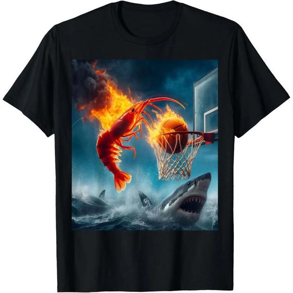Camisetas Gráficas Algodón, Regalos Para Hombres, Camisetas Casuales Manga Corta, Camarón Sumergiéndose En Un Tiburón,_viptrois.com