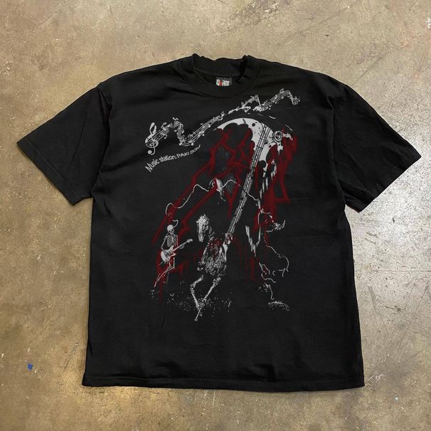 Men's Heavyweight Pure Cotton T-Shirt Oversized Dark Punk Style Printed Retro Loose Short Sleeved Top For Y2K Fashion_viptrois.com