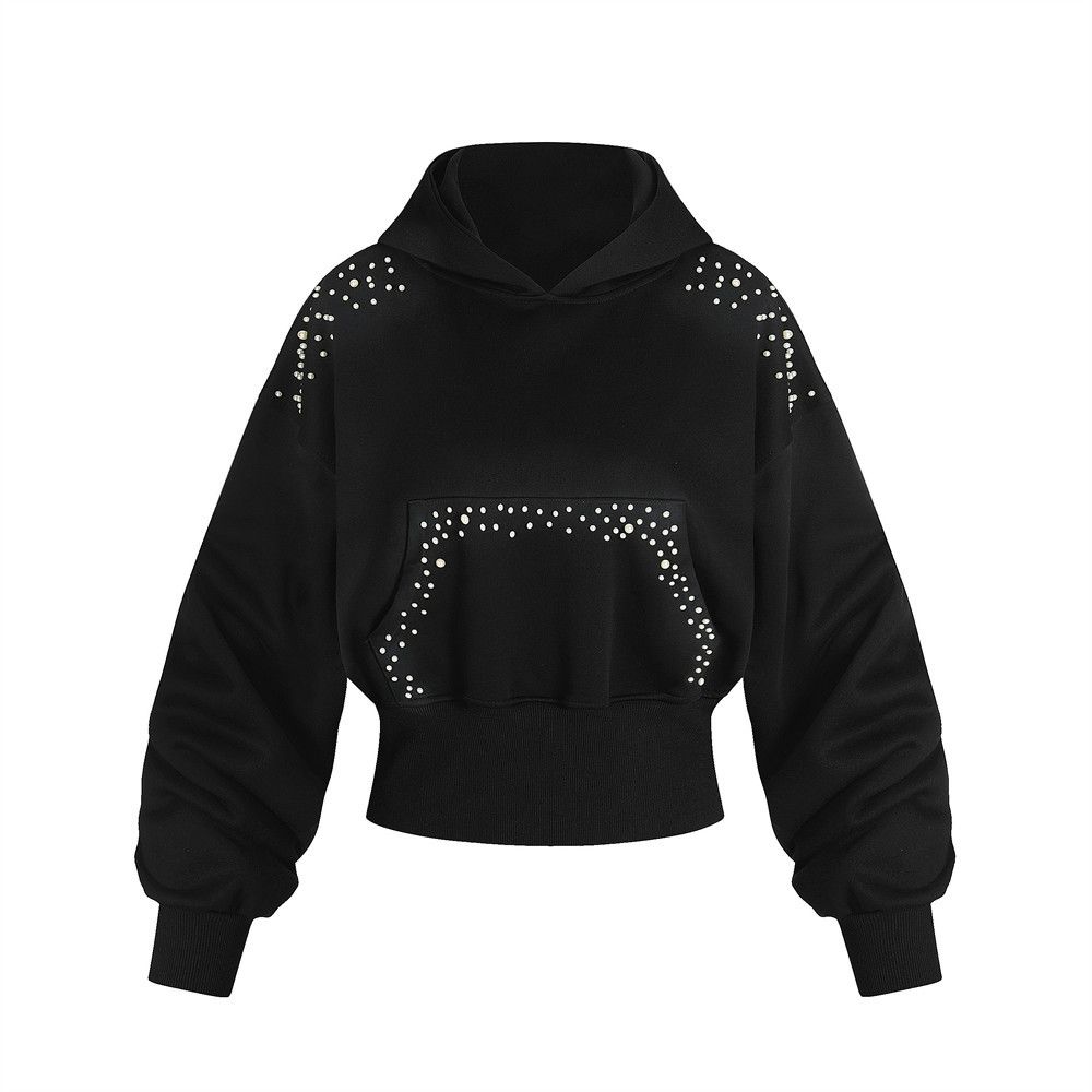 Unique Beaded Design Personality Short Hoodie Unisex Rock Trend Loose Pullover_viptrois.com