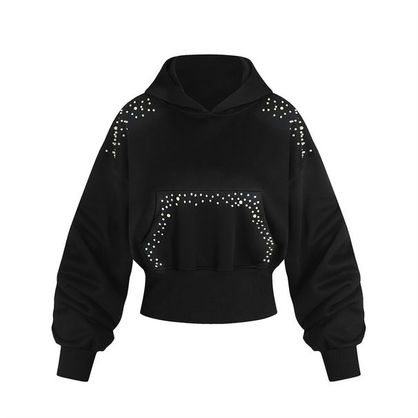 Unique Beaded Design Personality Short Hoodie Unisex Rock Trend Loose Pullover_viptrois.com