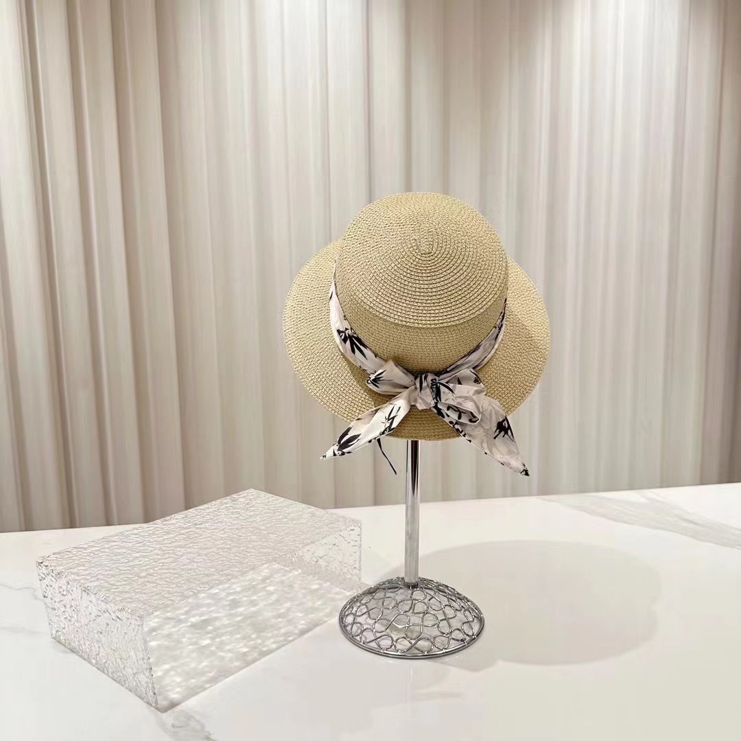 Women's Straw Hats New Style Ink Painting Small Brim Flat Top Straw Hat Retro Hat Summer Seaside Holiday Sun Hat_viptrois.com