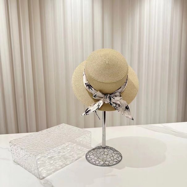 Women's Straw Hats New Style Ink Painting Small Brim Flat Top Straw Hat Retro Hat Summer Seaside Holiday Sun Hat_viptrois.com
