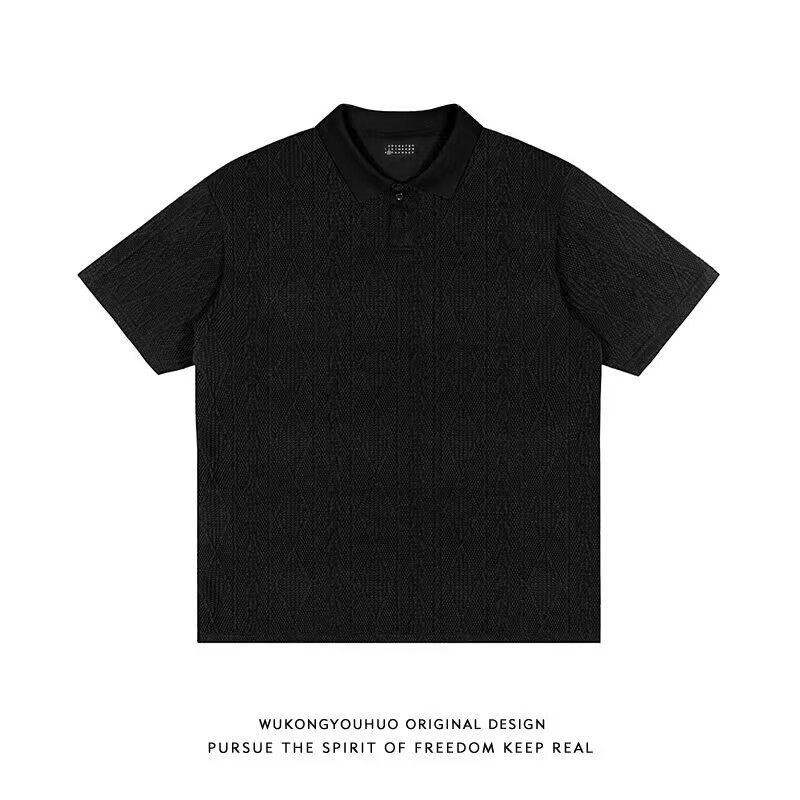 Men's Clothing Knitted Short Sleeved Textured Short Sleeved Men's And Women's Polo Shirts Trendy Summer Loose Lapel High Street Breathable Tops_viptrois.com