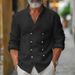 Men's Clothing Men's Spring And Autumn Double Breasted Stand Up Collar Solid Color Cotton And Linen Casual Solid Color Long Sleeved Youth Shirt_viptrois.com