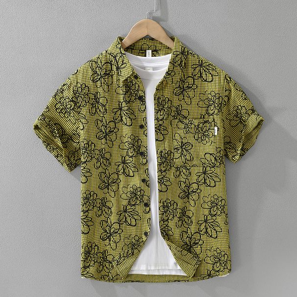 Printed Plaid Fresh Short Sleeved Shirt For Men, Fashionable And Versatile, Artistic And Casual Loose Top_viptrois.com
