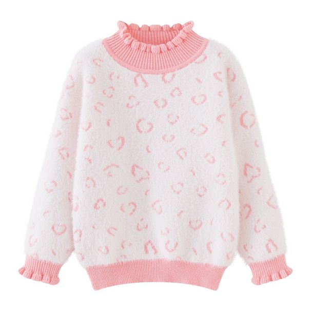 High Neck Knit Sweater For Girls – Floral Jacquard Pullover With Ruffle Collar (80cm-140cm, Nylon Blend, B-Class Safety, Winter/Spring Wear)_viptrois.com