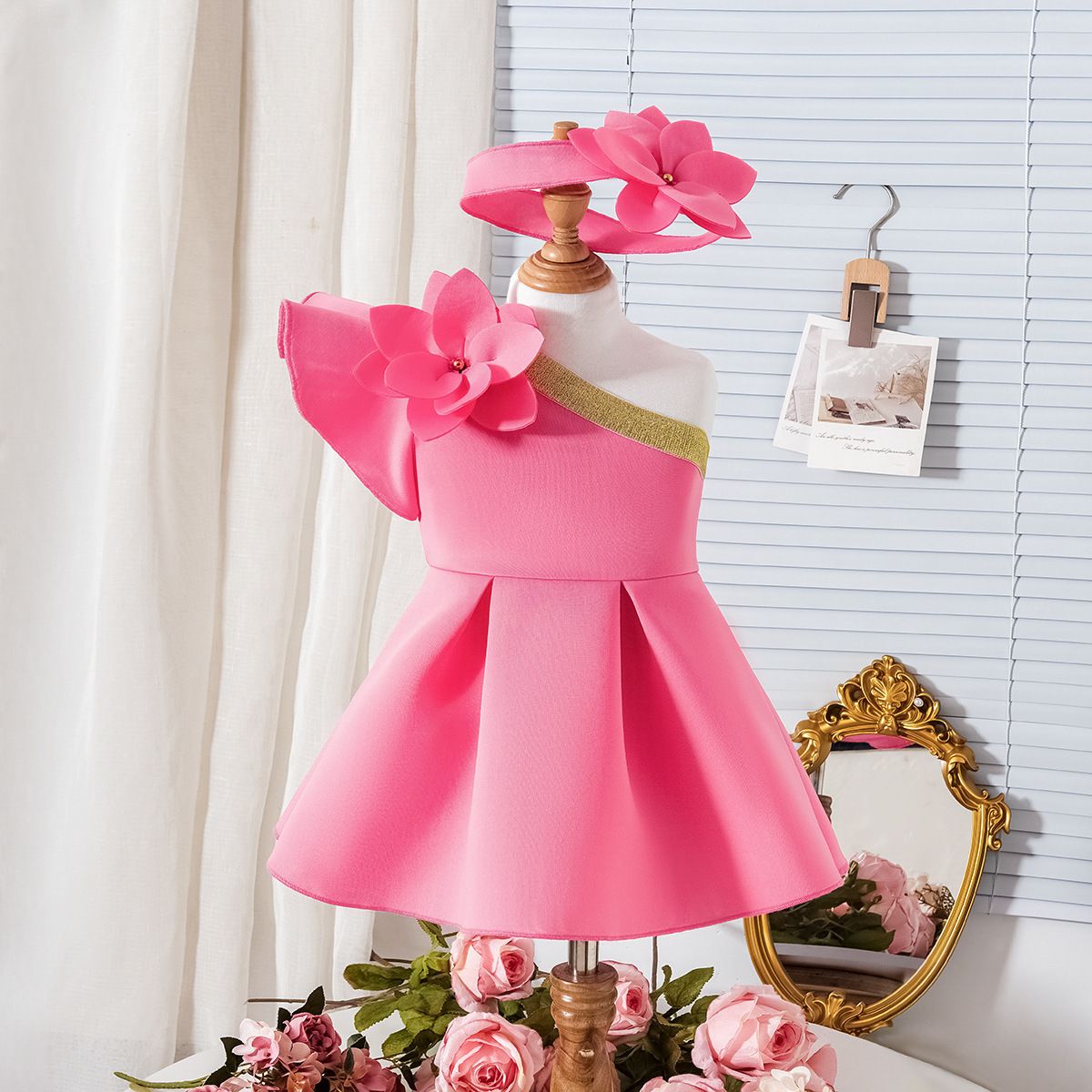 New Summer Girls Suits For Small And Medium Children Flying Sleeves Flower Puffy Skirt Dress Hair Accessories_viptrois.com