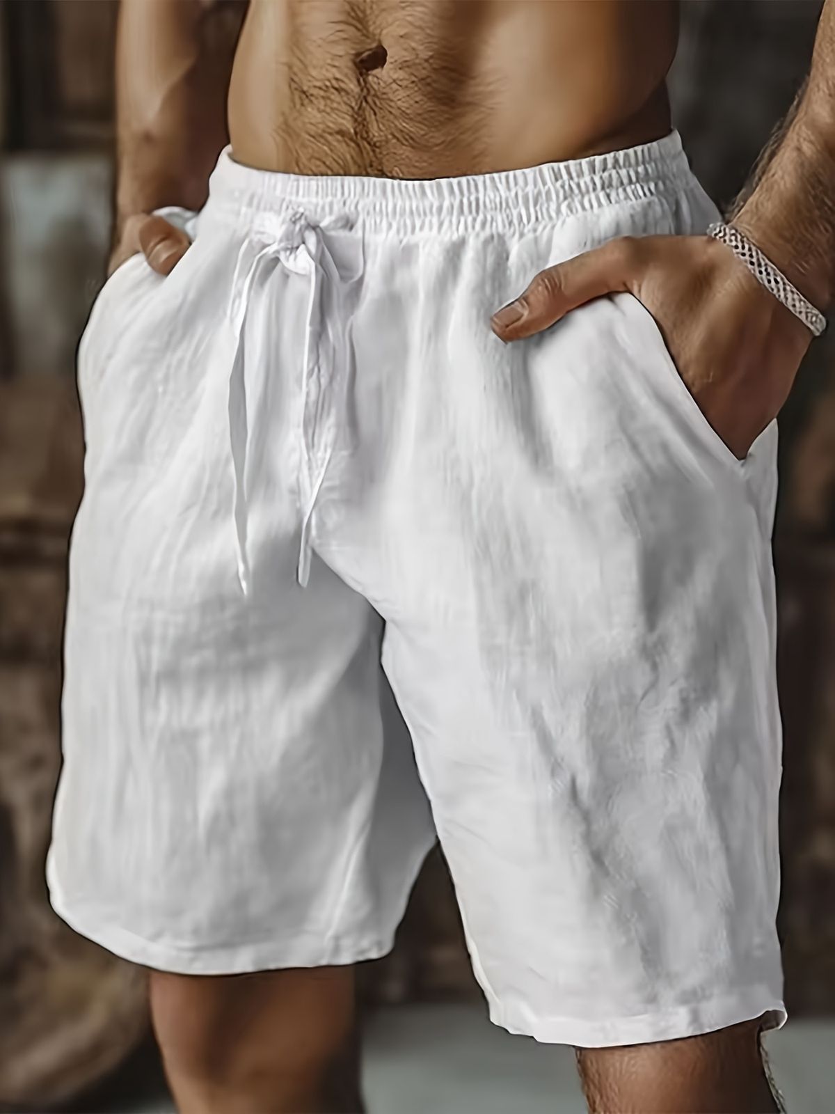 Men's Linen Shorts Drawstring Elastic Waist Straight Leg Solid Color Breathable 7/8 Length Casual Everyday Beach Shorts_viptrois.com