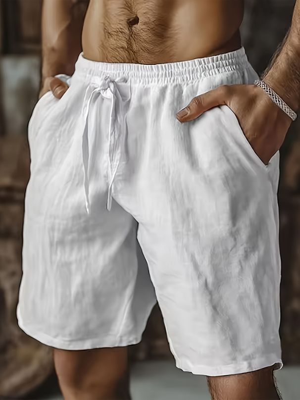 Men's Linen Shorts Drawstring Elastic Waist Straight Leg Solid Color Breathable 7/8 Length Casual Everyday Beach Shorts_viptrois.com