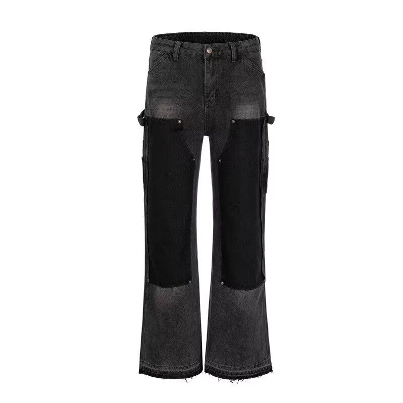 Men's Clothing Stitching Washed Black Flared Jeans High Street Style Cleanfit Pants Hiphop Trousers_viptrois.com