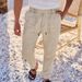 Men's Clothing Fashion Solid Color Casual Linen Straight Trousers_viptrois.com
