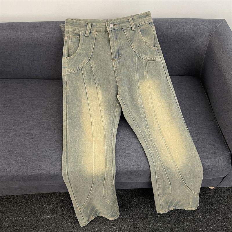 Yellow Mud Dyed Niche Structure Men's Jeans American Retro Washed Distressed Loose Casual Edgy Straight Wide Leg Pants_viptrois.com