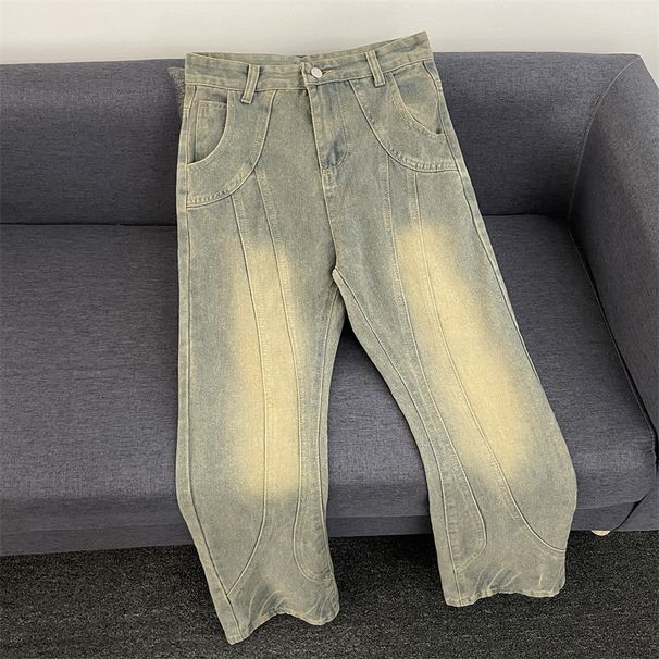 Yellow Mud Dyed Niche Structure Men's Jeans American Retro Washed Distressed Loose Casual Edgy Straight Wide Leg Pants_viptrois.com