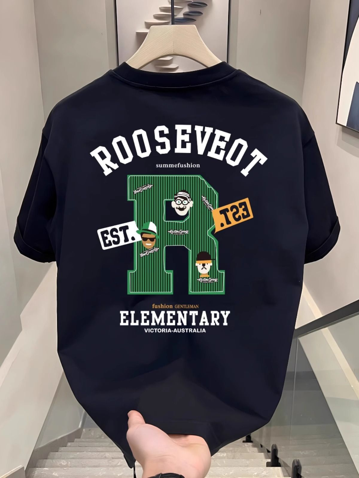 Men's Clothing 2025 New Fashion Men's Letter R Printed Casual Short Sleeve Tops Trendy All Match Round Neck Slim Fit Shirt_viptrois.com